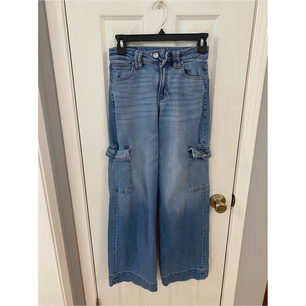 American Eagle Cargo Jeans Women 000 Blue Super High Rise Baggy Wide Leg Utility